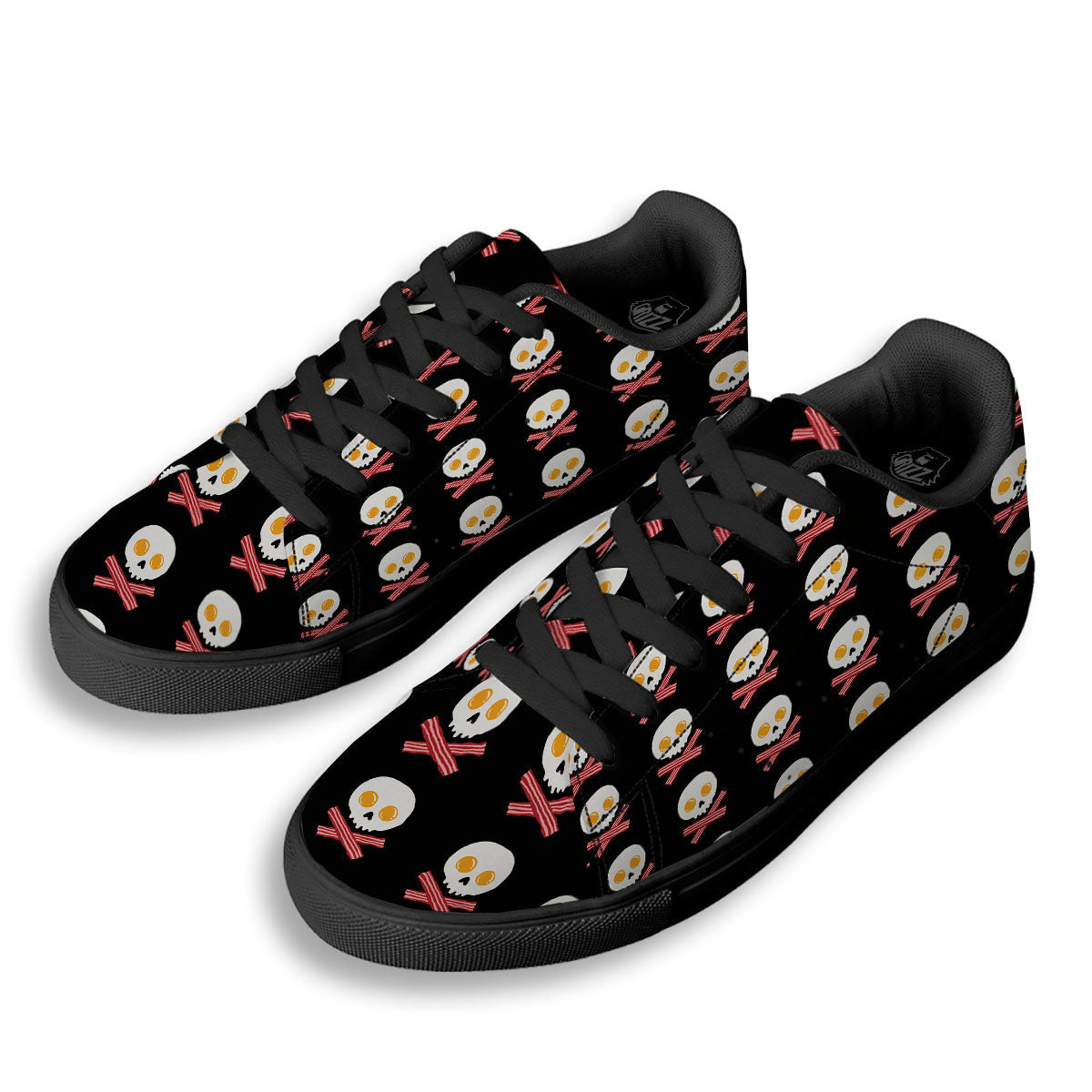Bacon And Skull Fried Egg Print Pattern Black Low Top Sneakers-grizzshop