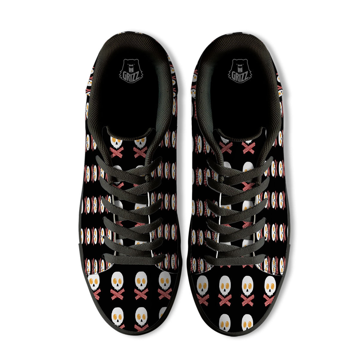 Bacon And Skull Fried Egg Print Pattern Black Low Top Sneakers-grizzshop