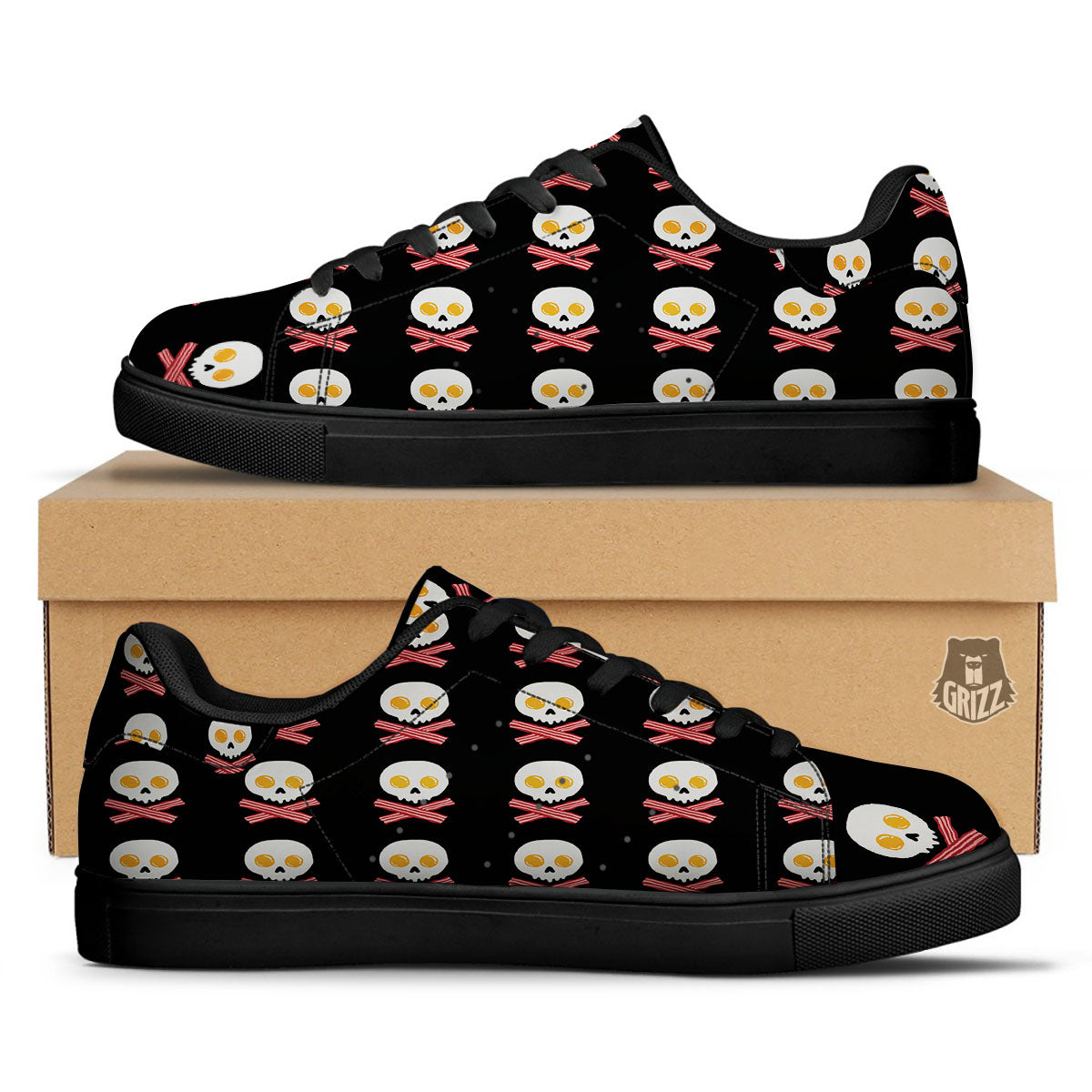 Bacon And Skull Fried Egg Print Pattern Black Low Top Sneakers-grizzshop