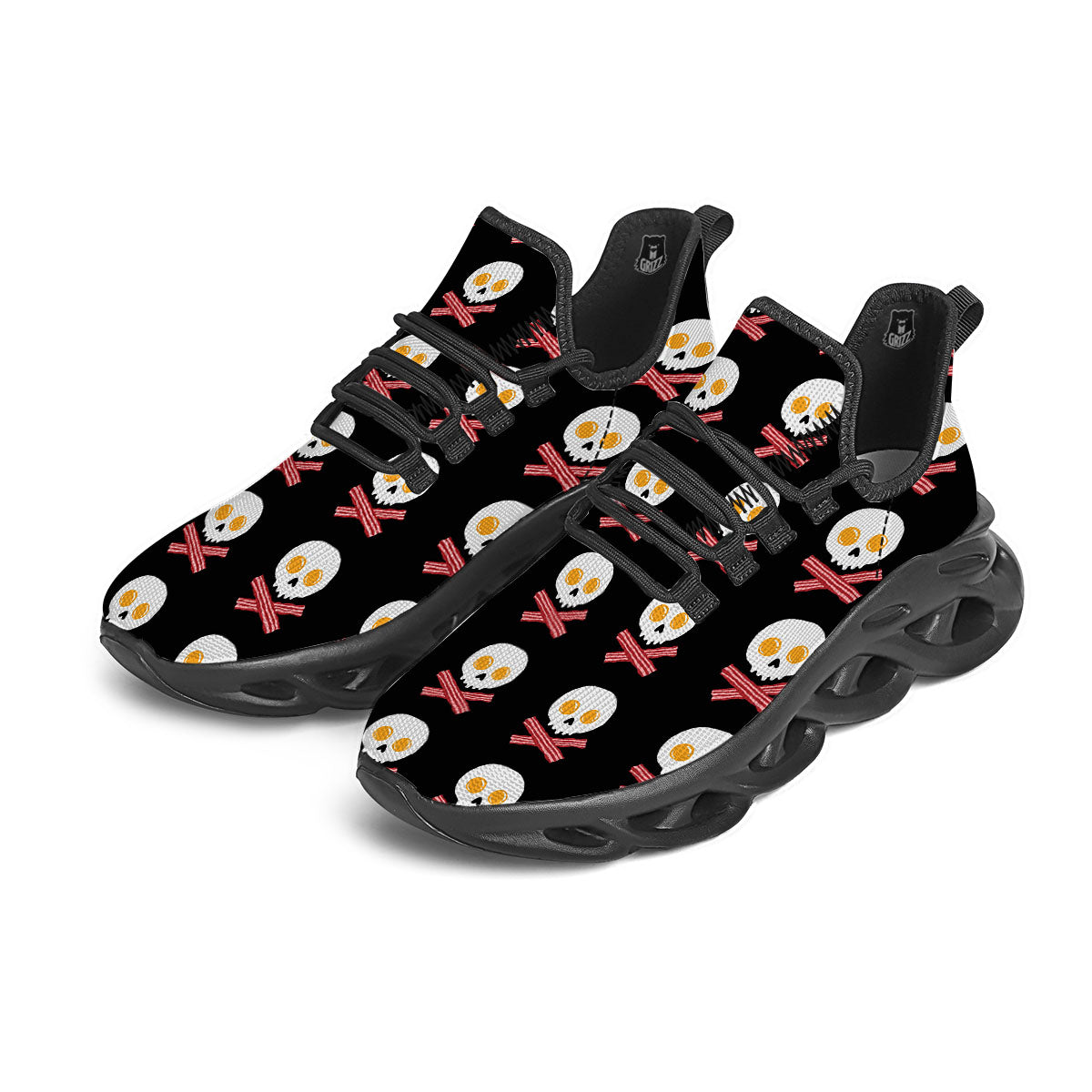 Bacon And Skull Fried Egg Print Pattern Black Running Shoes-grizzshop