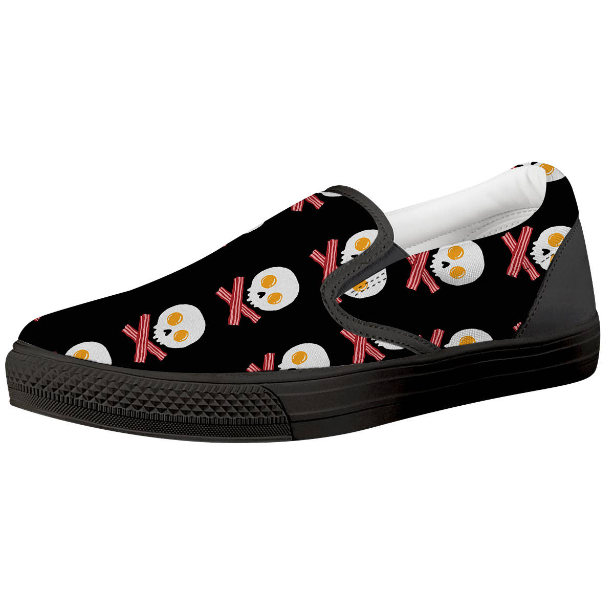 Bacon And Skull Fried Egg Print Pattern Black Slip On Shoes-grizzshop