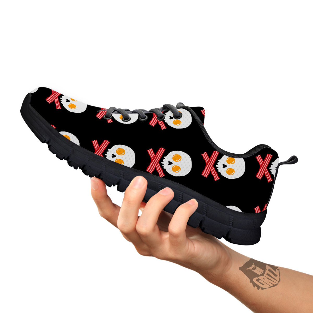 Bacon And Skull Fried Egg Print Pattern Black Sneaker-grizzshop