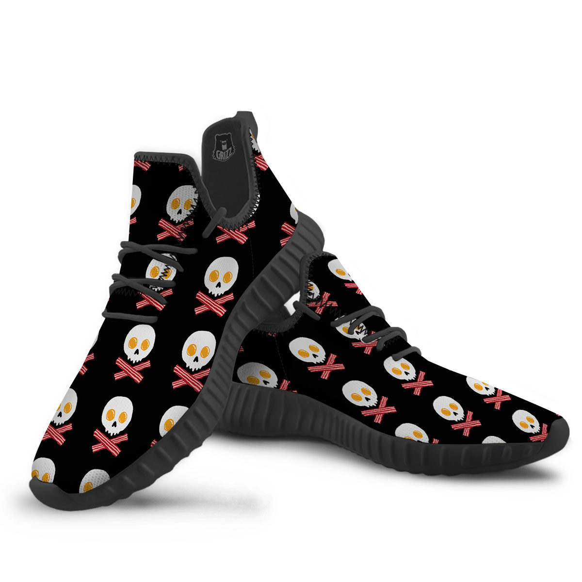 Bacon And Skull Fried Egg Print Pattern Black Walking Shoes-grizzshop