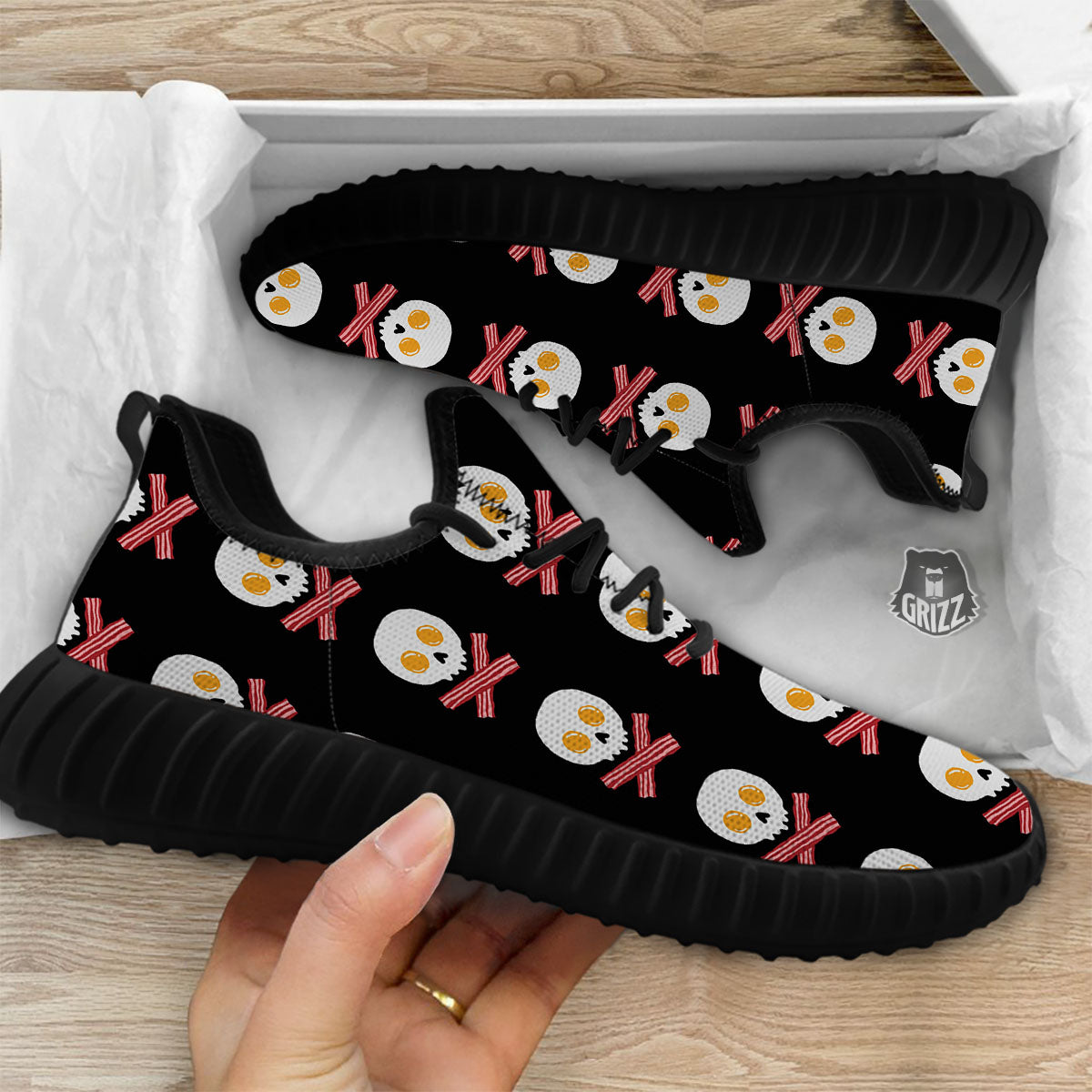 Bacon And Skull Fried Egg Print Pattern Black Walking Shoes-grizzshop
