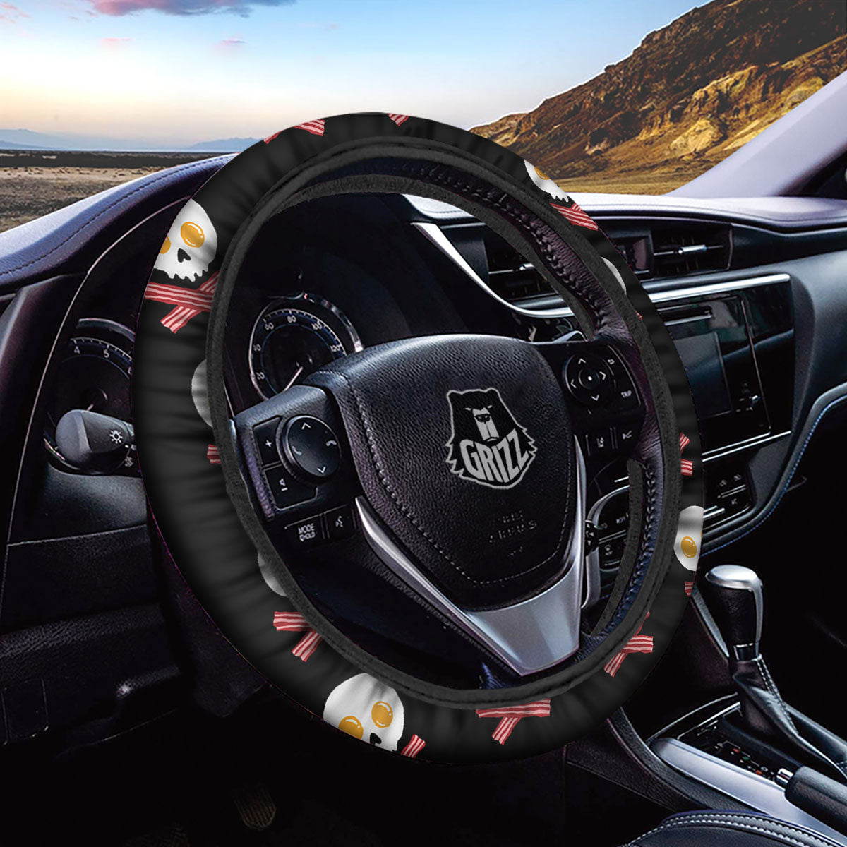 Bacon And Skull Fried Egg Print Pattern Car Steering Wheel Cover-grizzshop