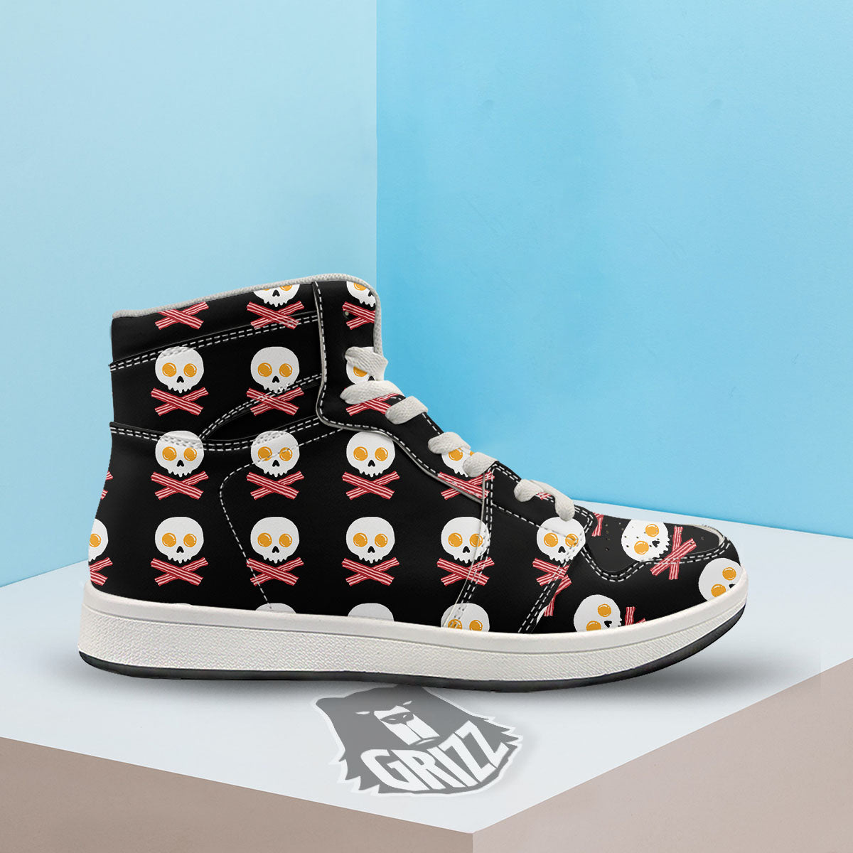 Bacon And Skull Fried Egg Print Pattern High Top Sneakers-grizzshop