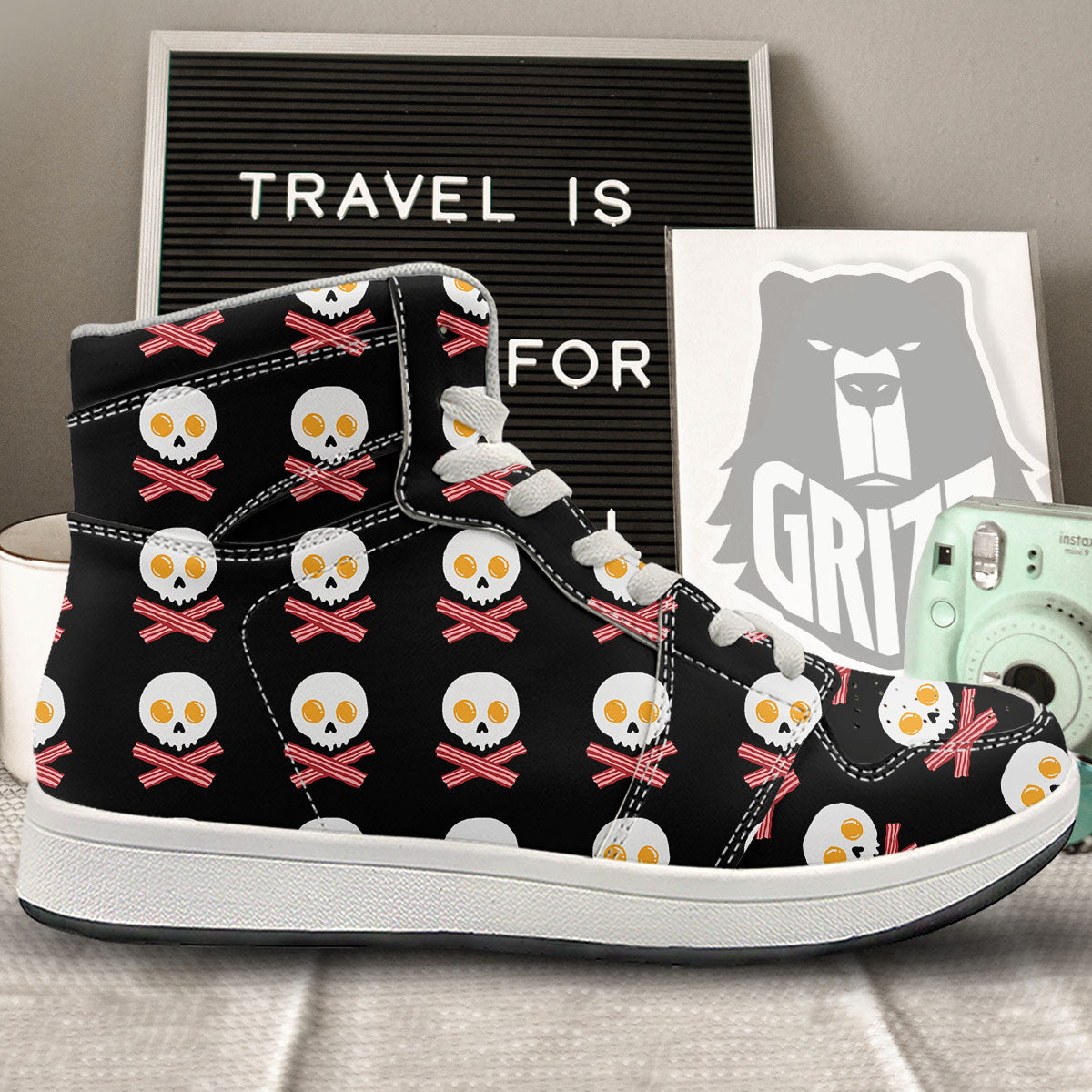 Bacon And Skull Fried Egg Print Pattern High Top Sneakers-grizzshop