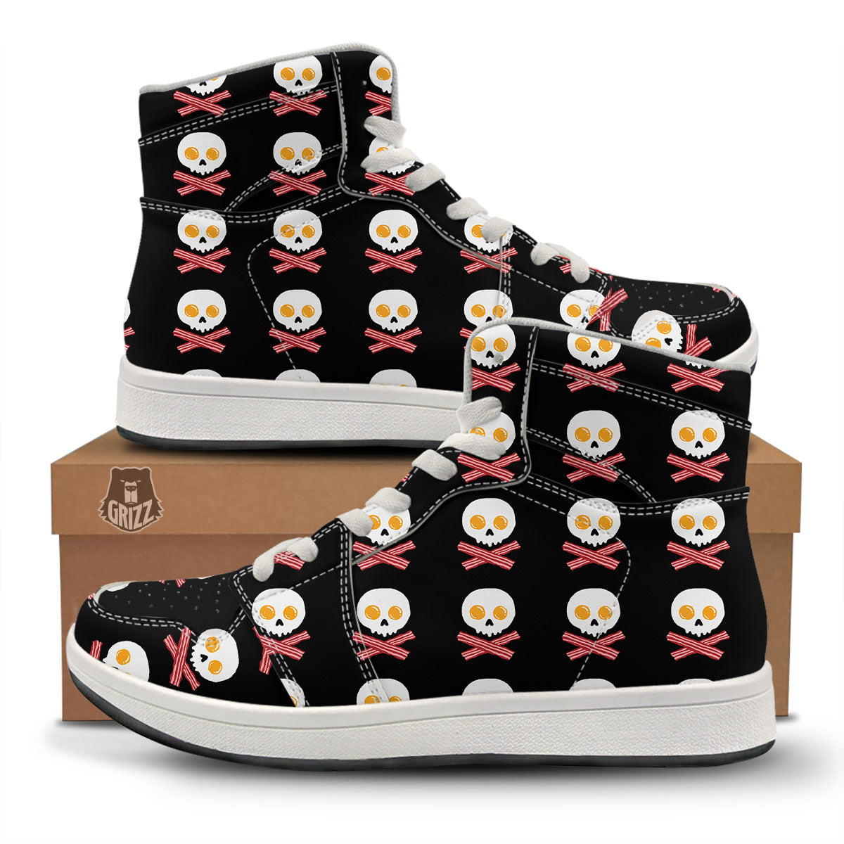 Bacon And Skull Fried Egg Print Pattern High Top Sneakers-grizzshop