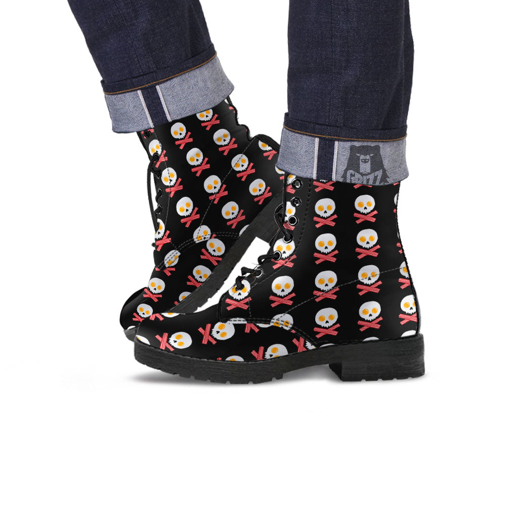 Bacon And Skull Fried Egg Print Pattern Leather Boots-grizzshop