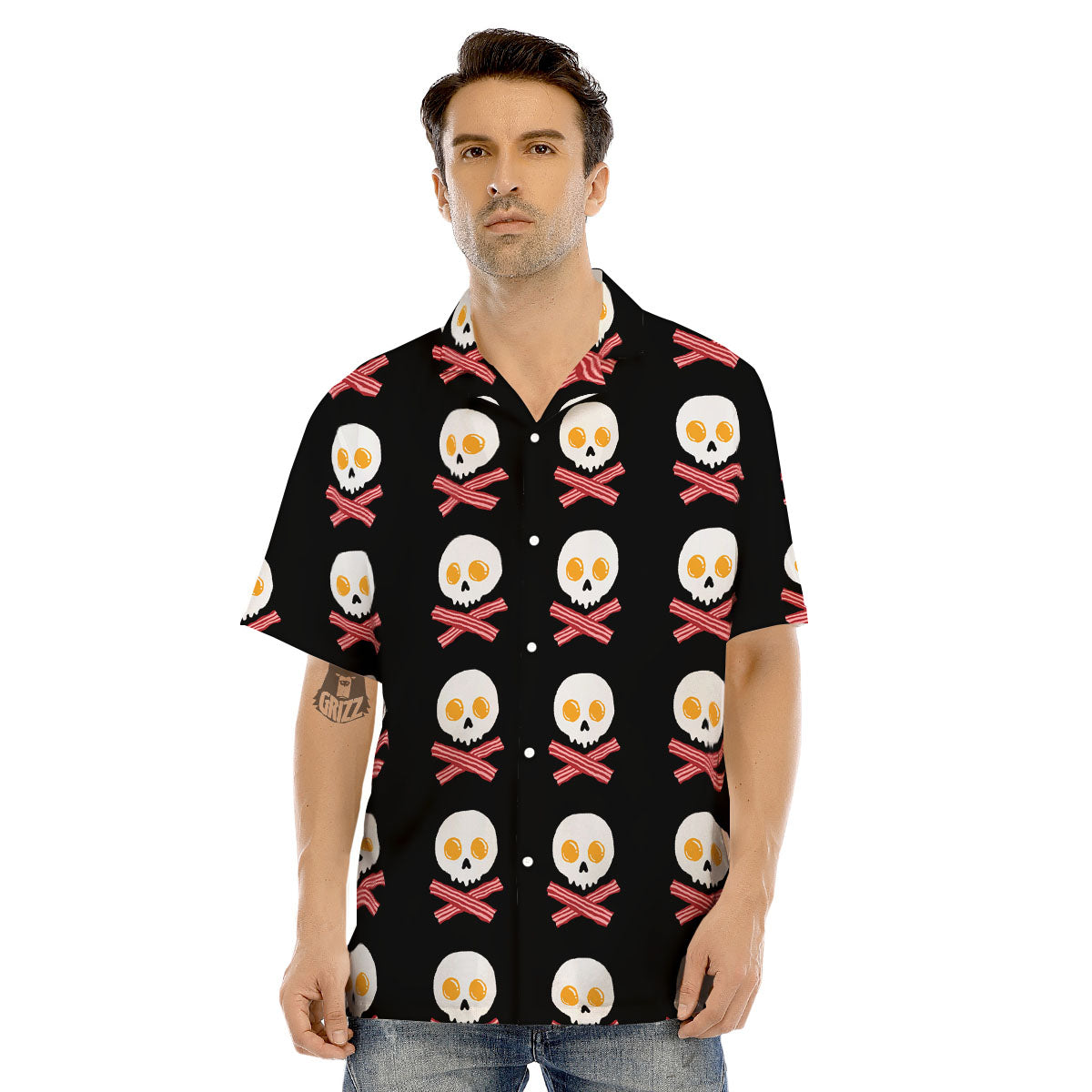 Bacon And Skull Fried Egg Print Pattern Men's Hawaiian Shirt-grizzshop