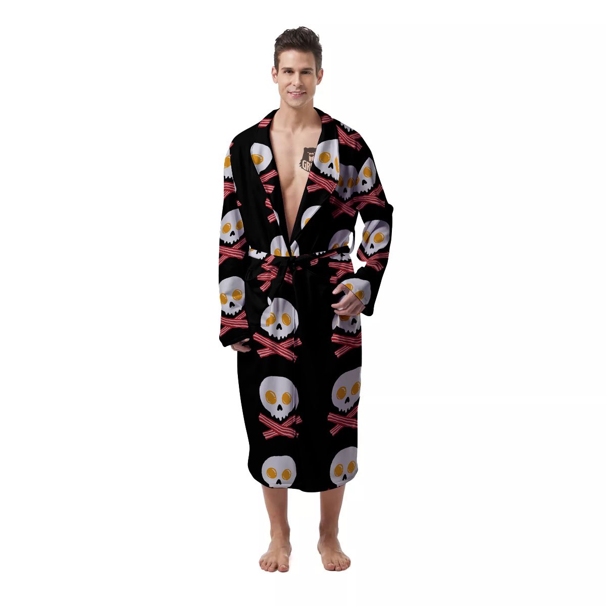 Bacon And Skull Fried Egg Print Pattern Men's Robe-grizzshop