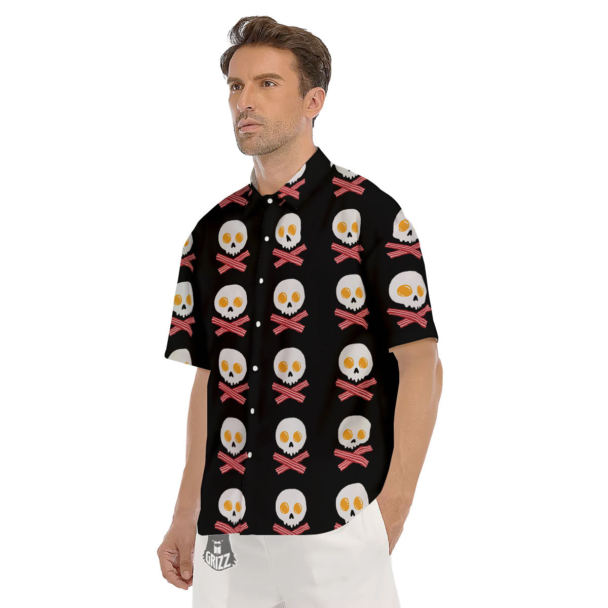 Bacon And Skull Fried Egg Print Pattern Men's Short Sleeve Shirts-grizzshop