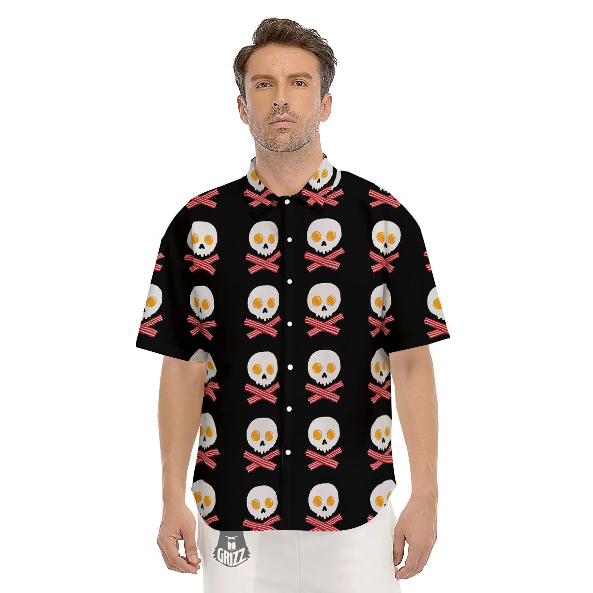 Bacon And Skull Fried Egg Print Pattern Men's Short Sleeve Shirts-grizzshop