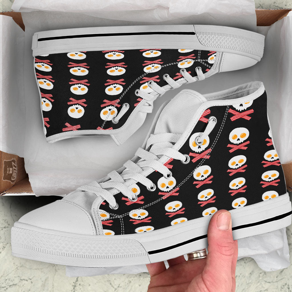 Bacon And Skull Fried Egg Print Pattern White High Top Shoes-grizzshop