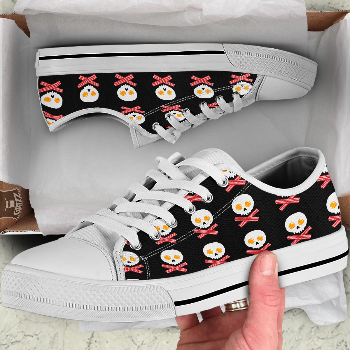 Bacon And Skull Fried Egg Print Pattern White Low Top Shoes-grizzshop