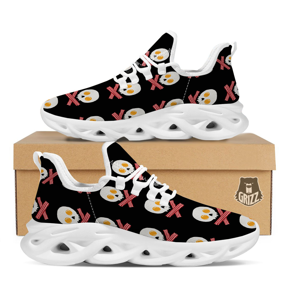 Bacon And Skull Fried Egg Print Pattern White Running Shoes-grizzshop