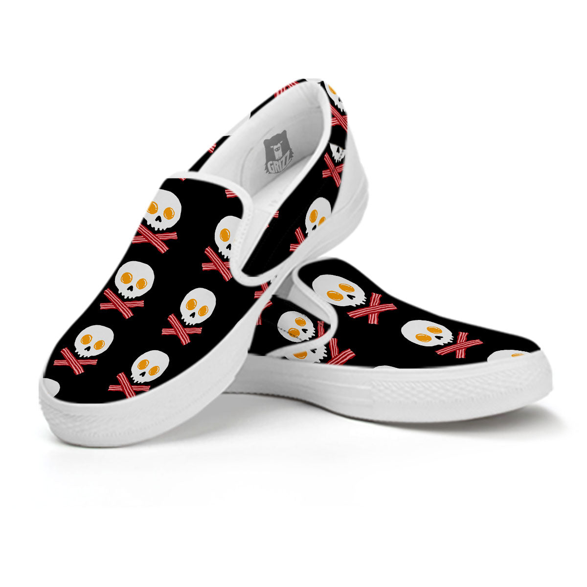 Bacon And Skull Fried Egg Print Pattern White Slip On Shoes-grizzshop