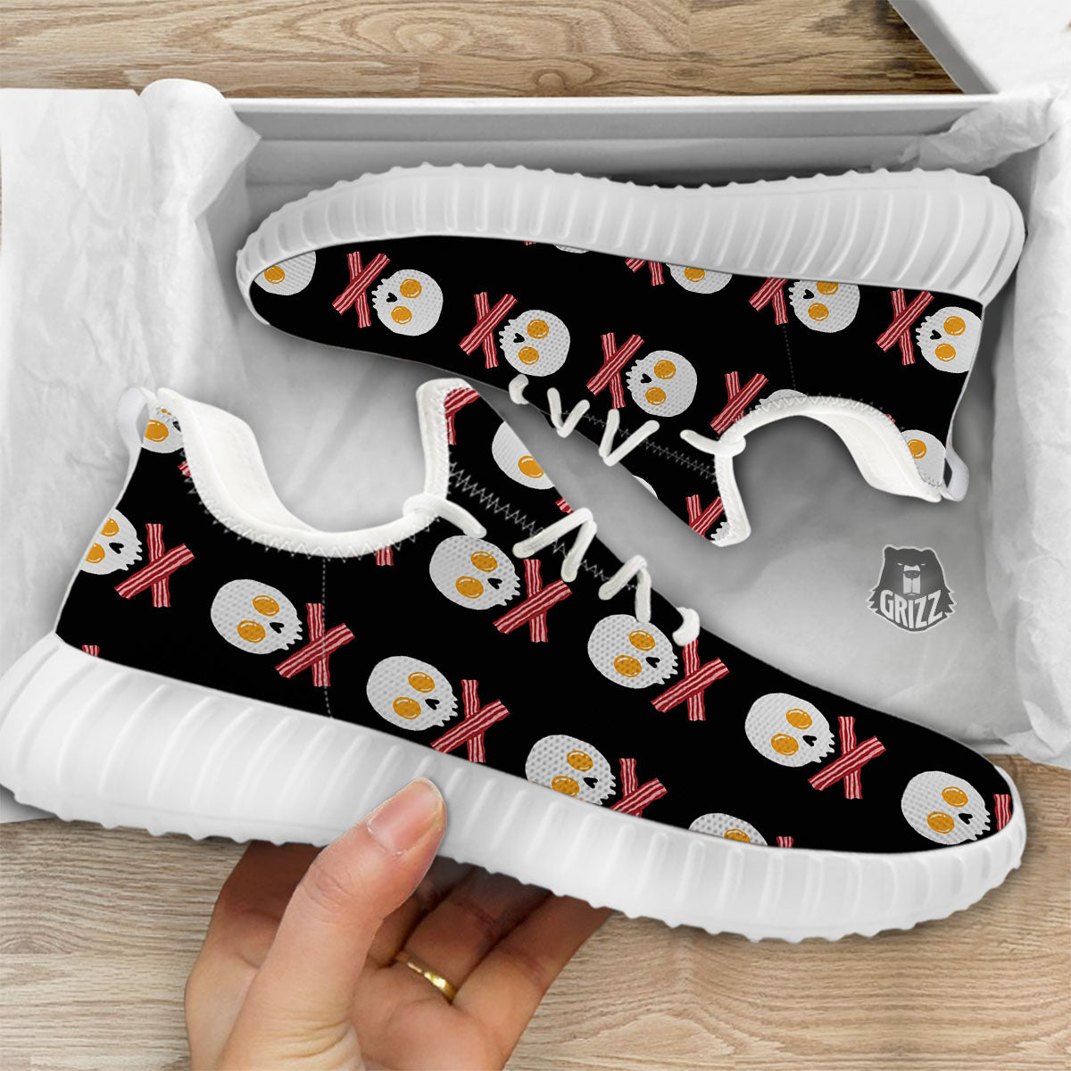 Bacon And Skull Fried Egg Print Pattern White Walking Shoes-grizzshop