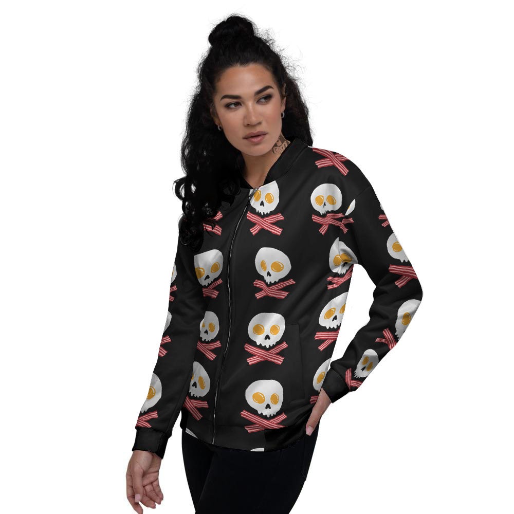 Bacon And Skull Fried Egg Print Pattern Women's Bomber Jacket-grizzshop
