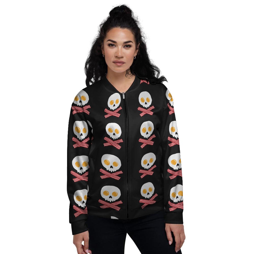Bacon And Skull Fried Egg Print Pattern Women's Bomber Jacket-grizzshop