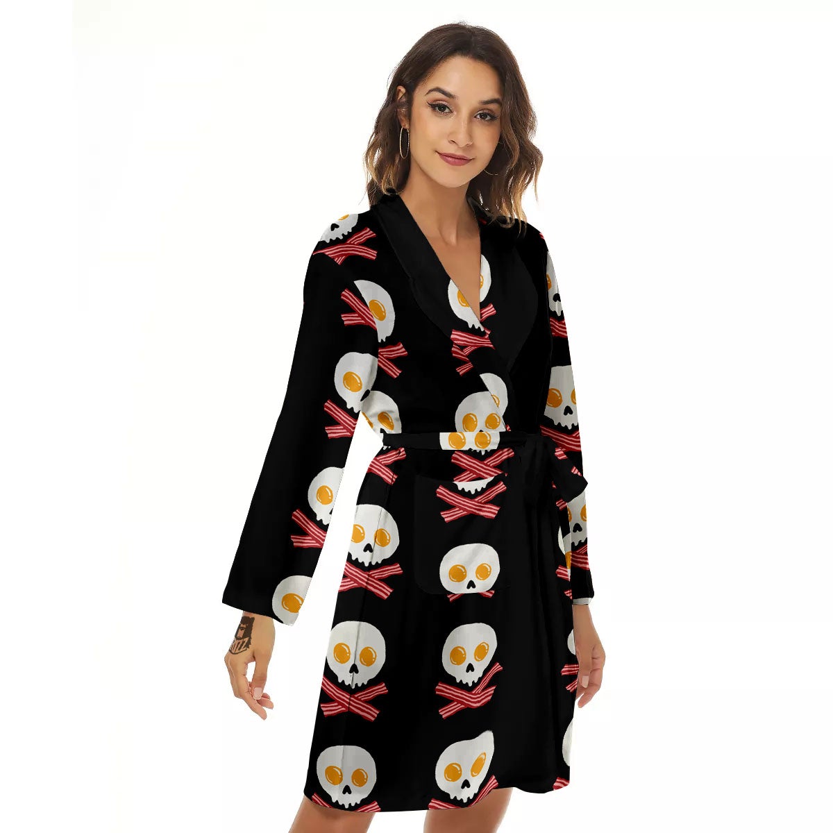 Bacon And Skull Fried Egg Print Pattern Women's Robe-grizzshop