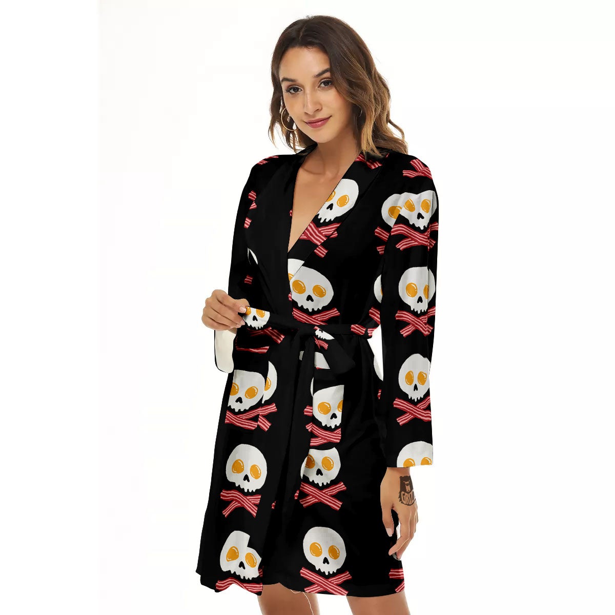 Bacon And Skull Fried Egg Print Pattern Women's Robe-grizzshop