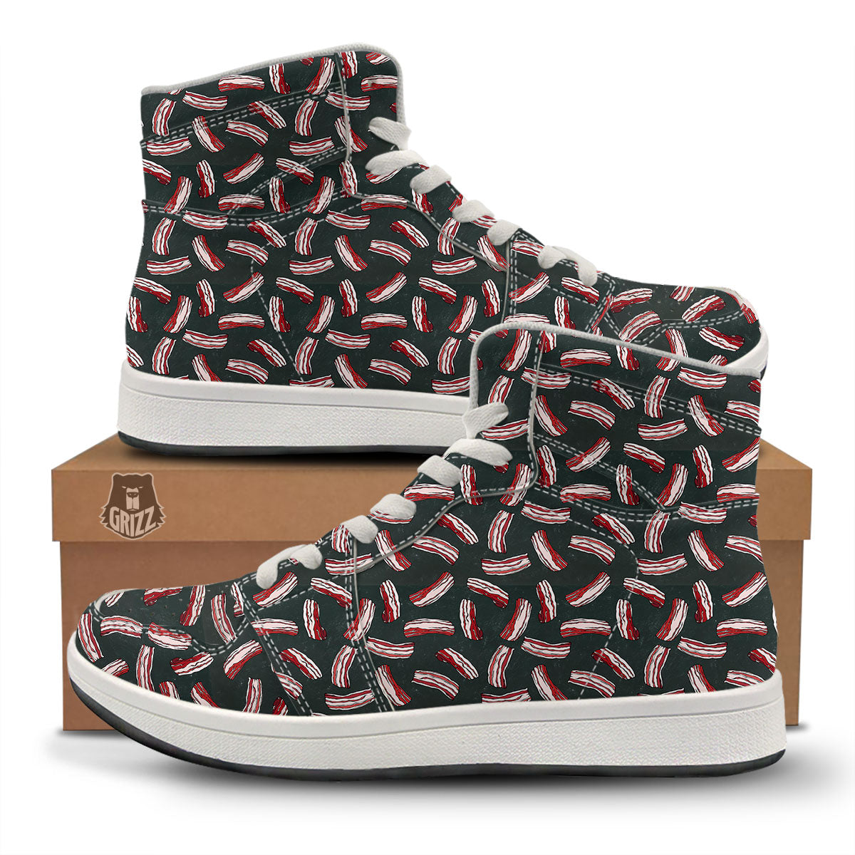 Bacon Black Print Pattern High Top Sneakers-grizzshop