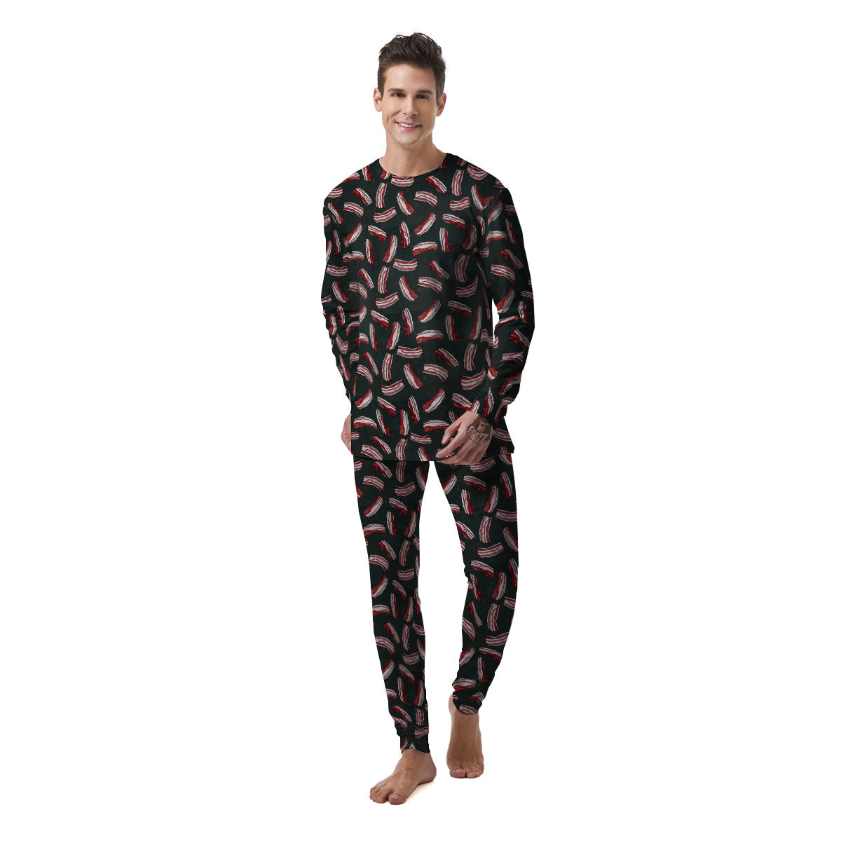 Bacon Black Print Pattern Men's Pajamas-grizzshop