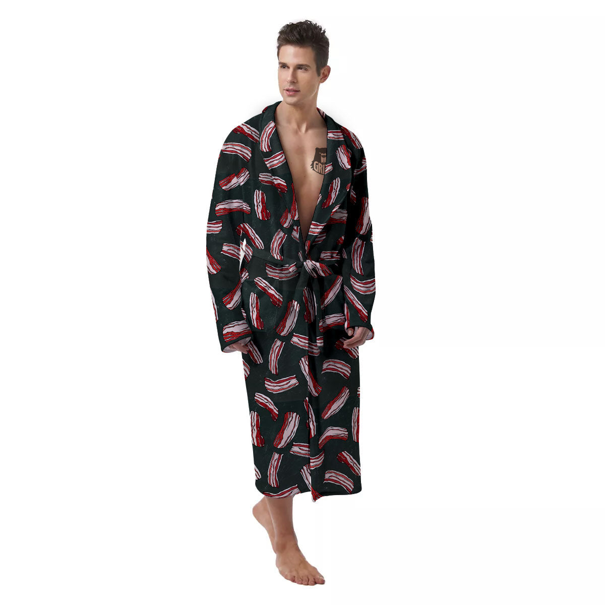 Bacon Black Print Pattern Men's Robe-grizzshop