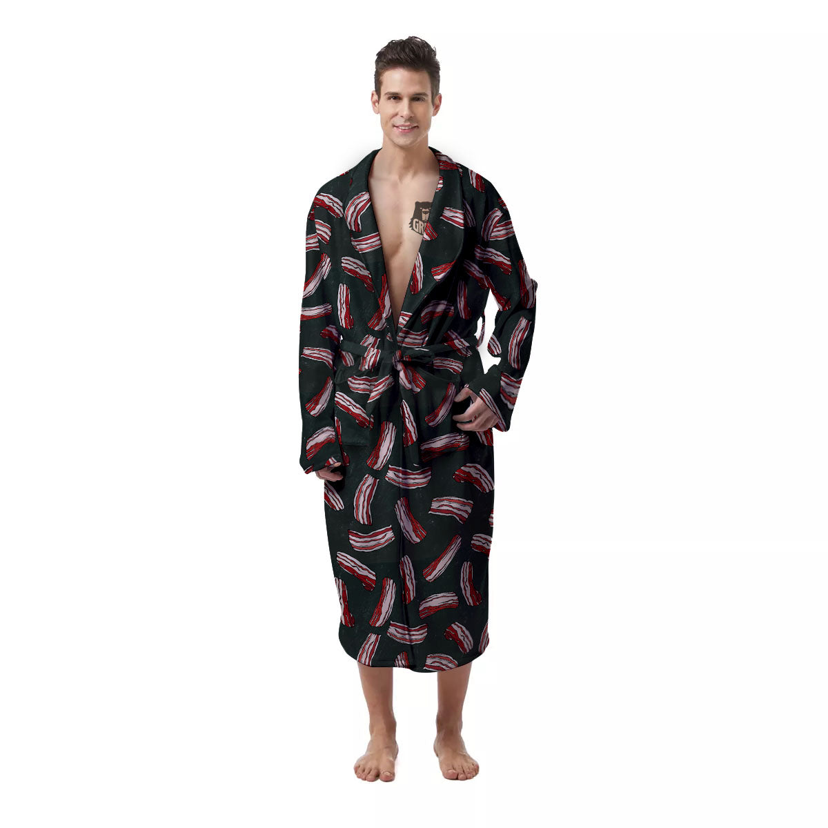 Bacon Black Print Pattern Men's Robe-grizzshop