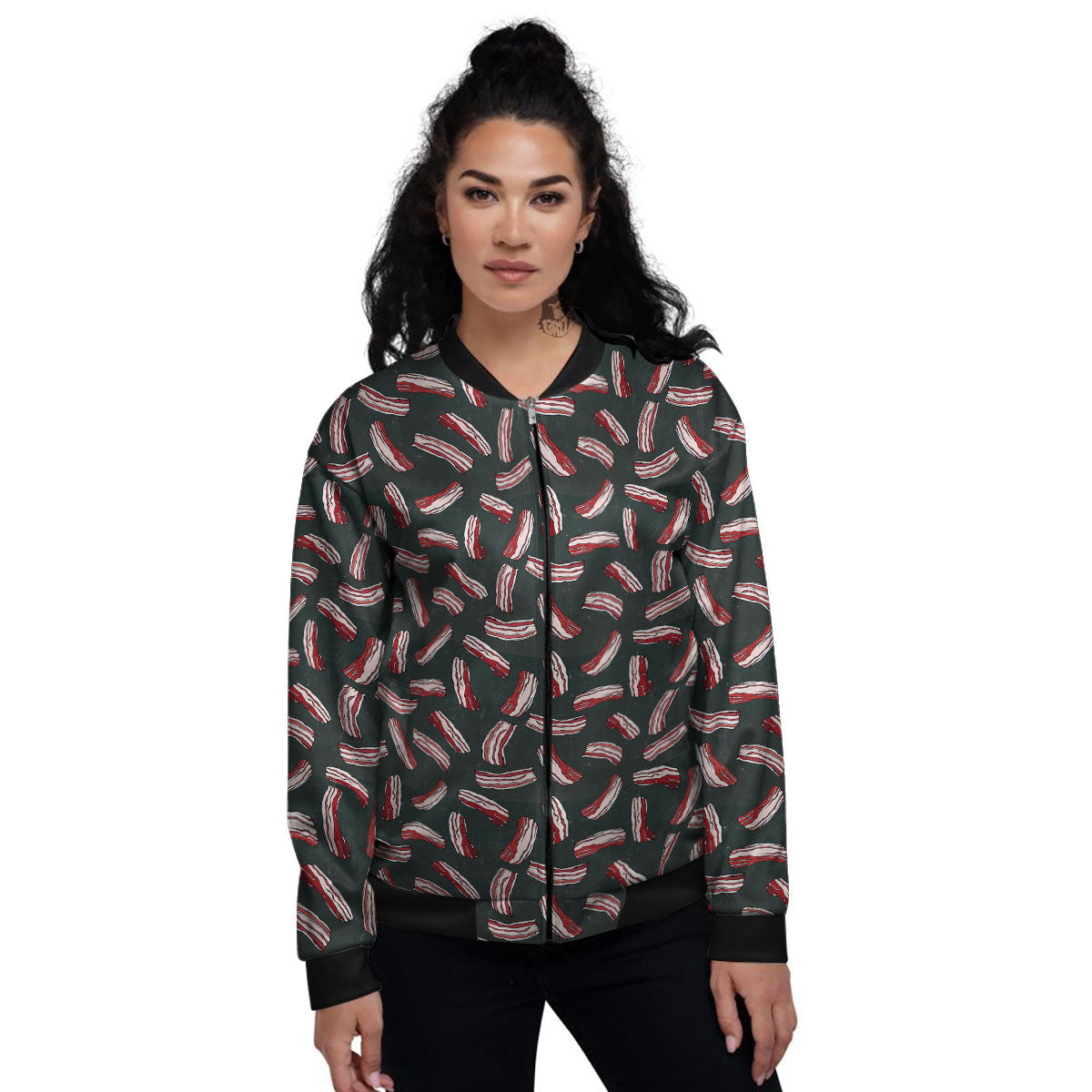 Bacon Black Print Pattern Women's Bomber Jacket-grizzshop