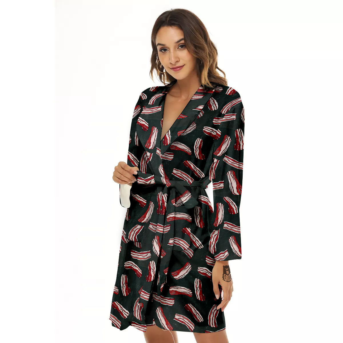 Bacon Black Print Pattern Women's Robe-grizzshop