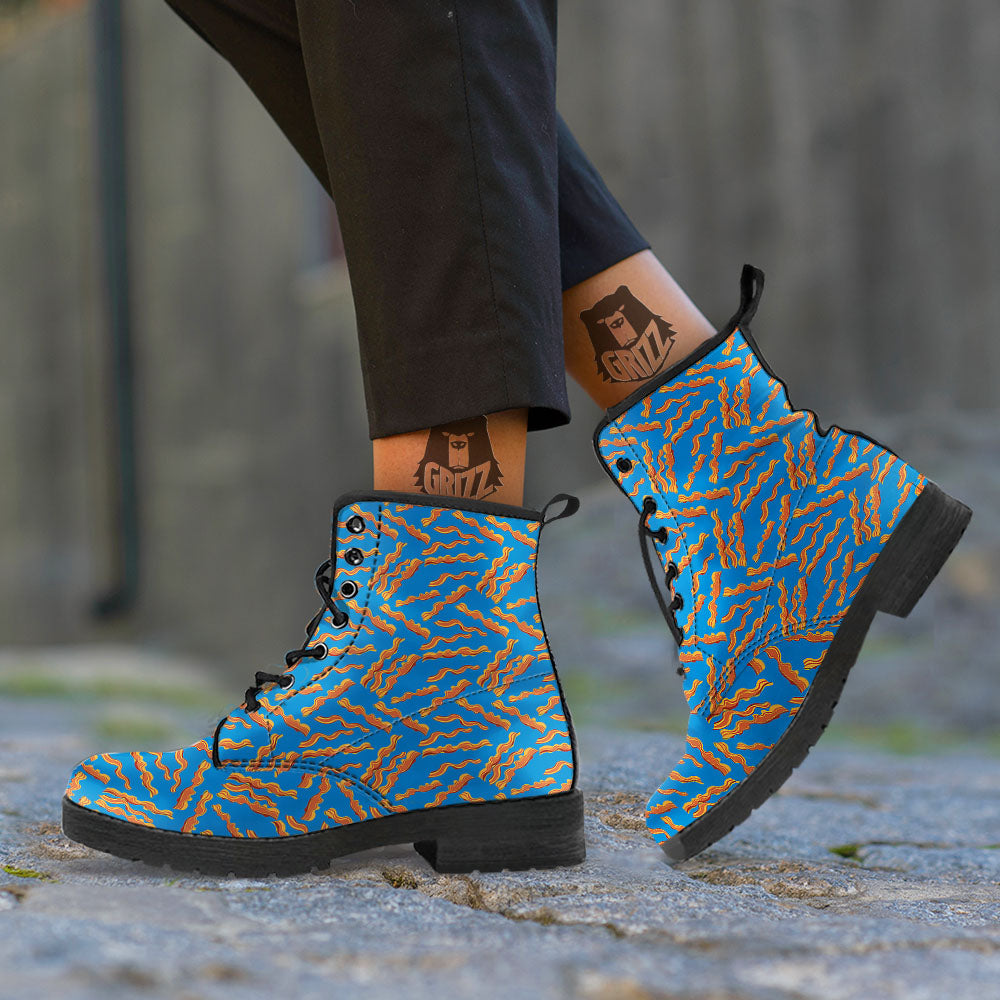 Bacon Blue Crispy Print Pattern Leather Boots-grizzshop