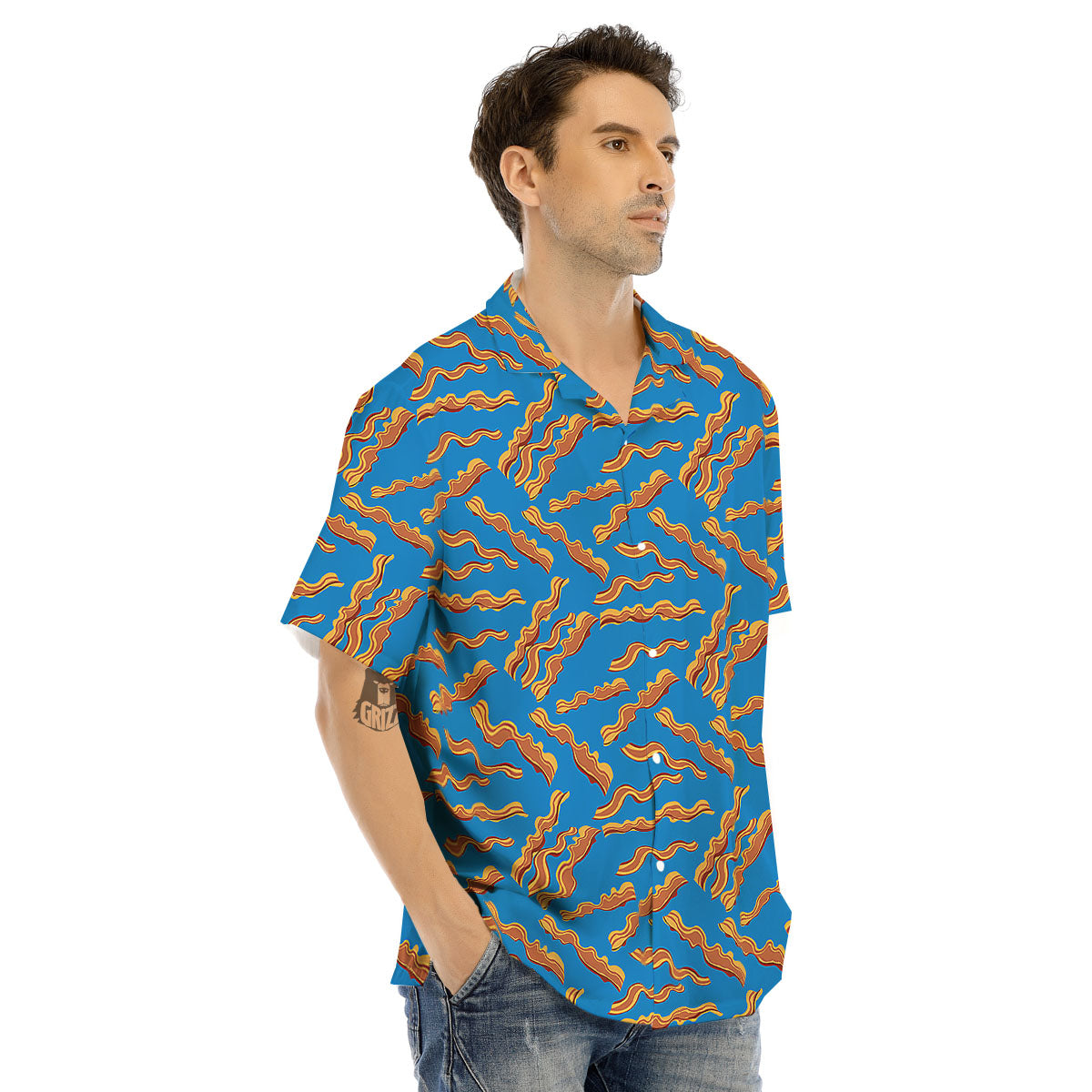 Bacon Blue Crispy Print Pattern Men's Hawaiian Shirt-grizzshop