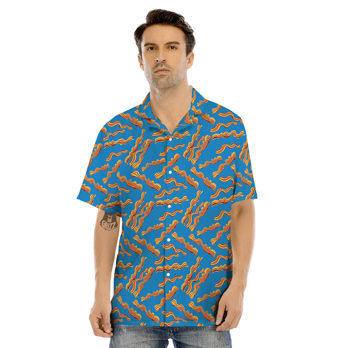 Bacon Blue Crispy Print Pattern Men's Hawaiian Shirt-grizzshop