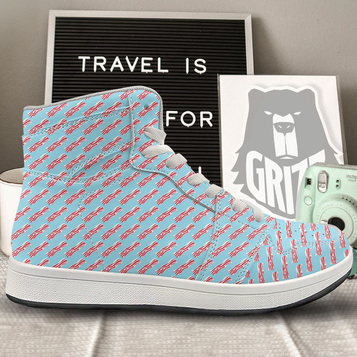Bacon Blue Print Pattern High Top Sneakers-grizzshop