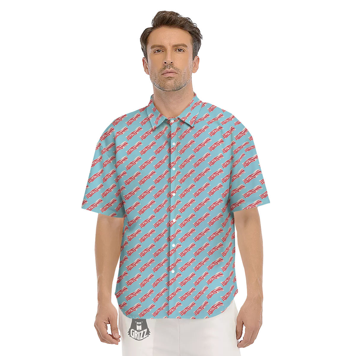 Bacon Blue Print Pattern Men's Short Sleeve Shirts-grizzshop