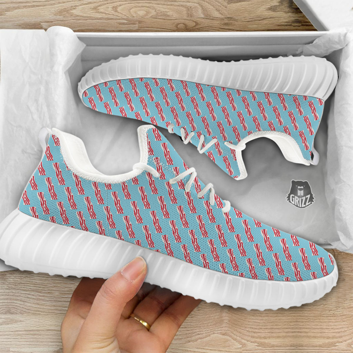 Bacon Blue Print Pattern White Walking Shoes-grizzshop