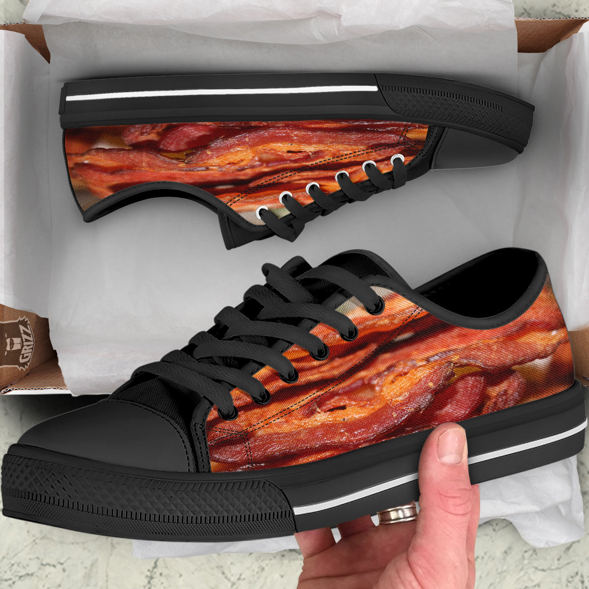 Bacon Crispy Print Black Low Top Shoes-grizzshop