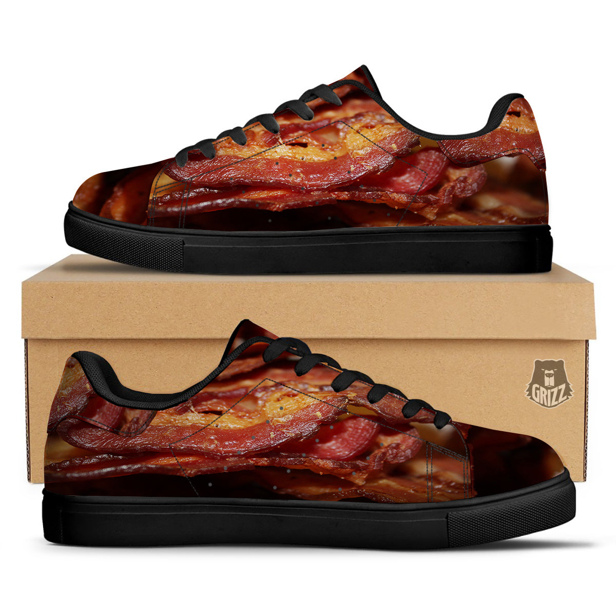 Bacon Crispy Print Black Low Top Sneakers-grizzshop