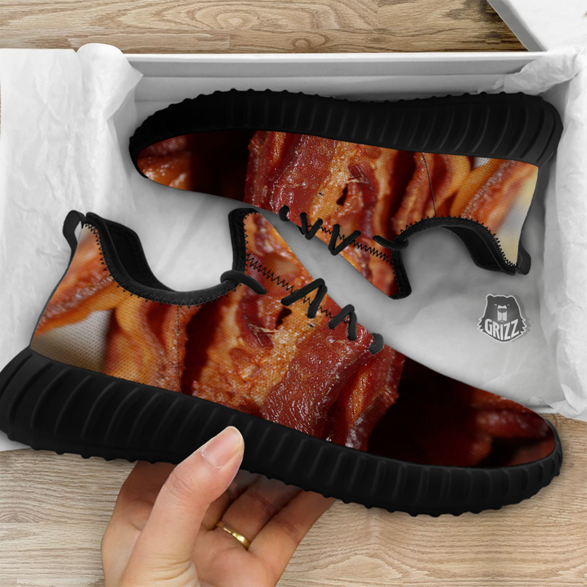 Bacon Crispy Print Black Walking Shoes-grizzshop
