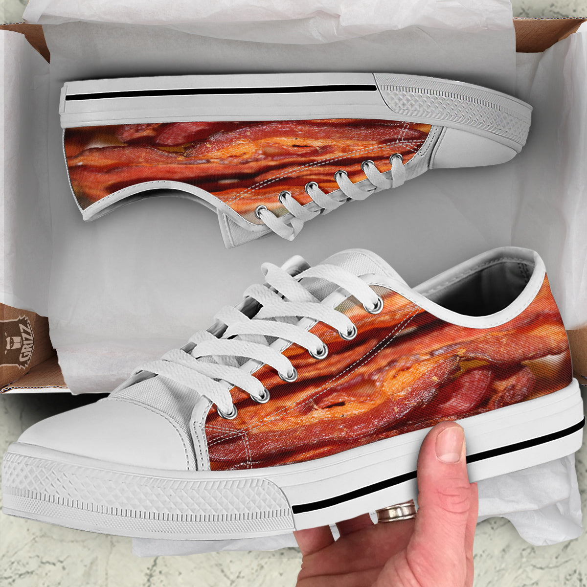 Bacon Crispy Print White Low Top Shoes-grizzshop