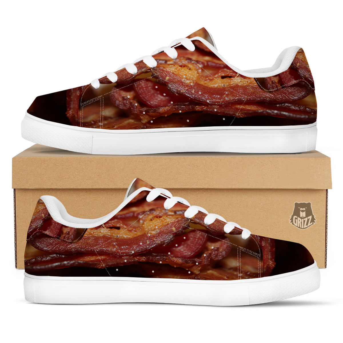 Bacon Crispy Print White Low Top Sneakers-grizzshop