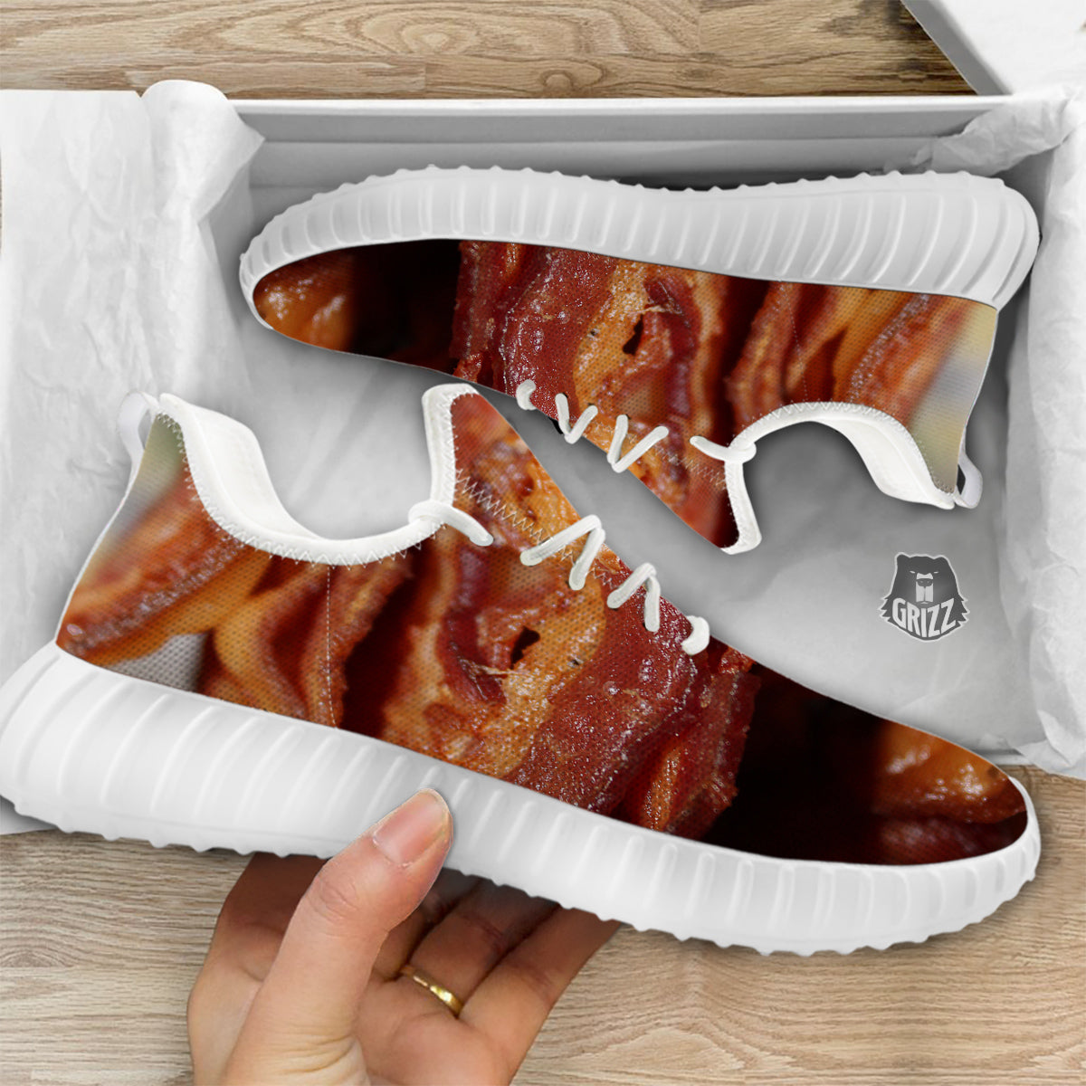 Bacon Crispy Print White Walking Shoes-grizzshop