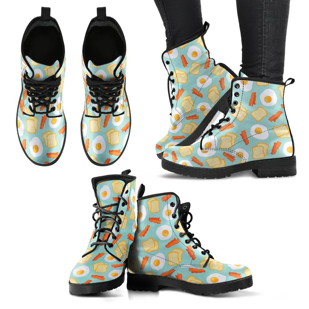Bacon Egg Bread Pattern Print Men Women Leather Boots-grizzshop
