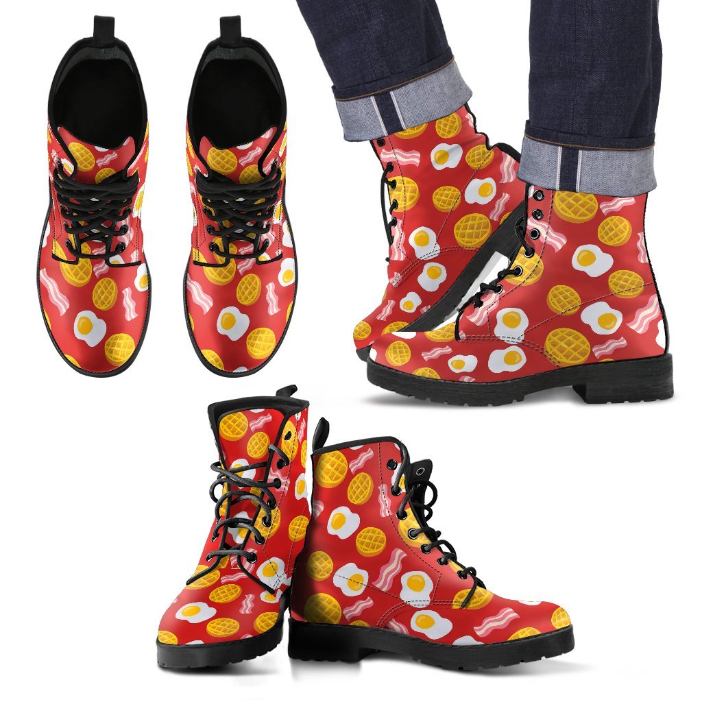 Bacon Egg Pancake Pattern Print Men Women Leather Boots-grizzshop