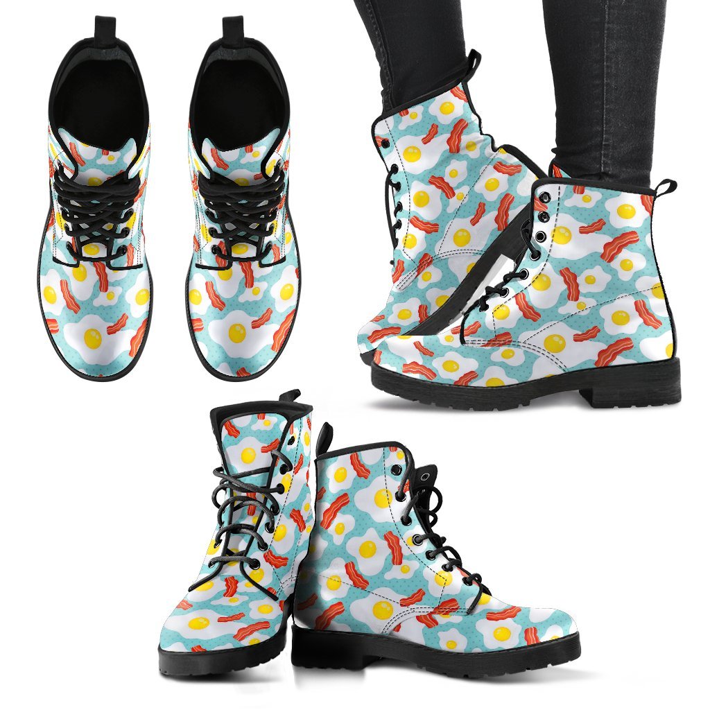 Bacon Egg Pattern Print Men Women Leather Boots-grizzshop