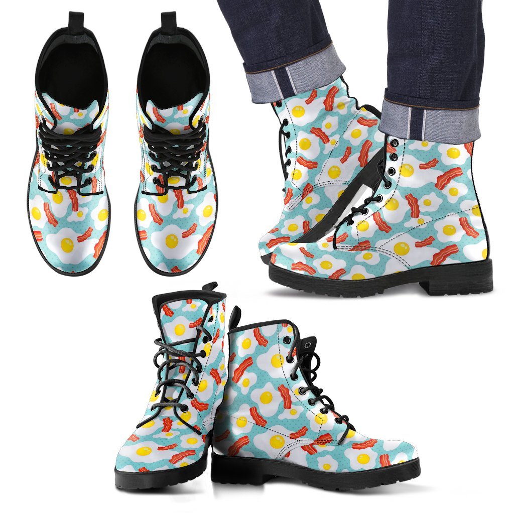 Bacon Egg Pattern Print Men Women Leather Boots-grizzshop