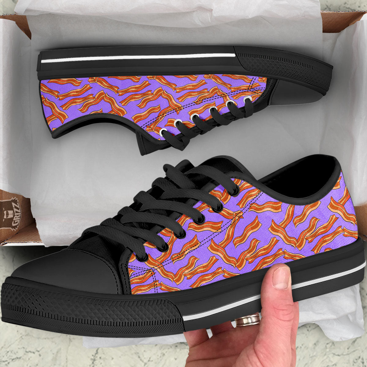 Bacon Purple Print Pattern Black Low Top Shoes-grizzshop