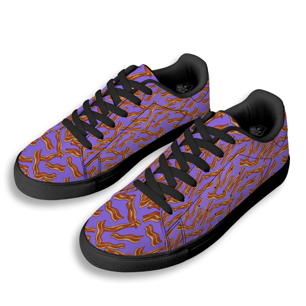 Bacon Purple Print Pattern Black Low Top Sneakers-grizzshop